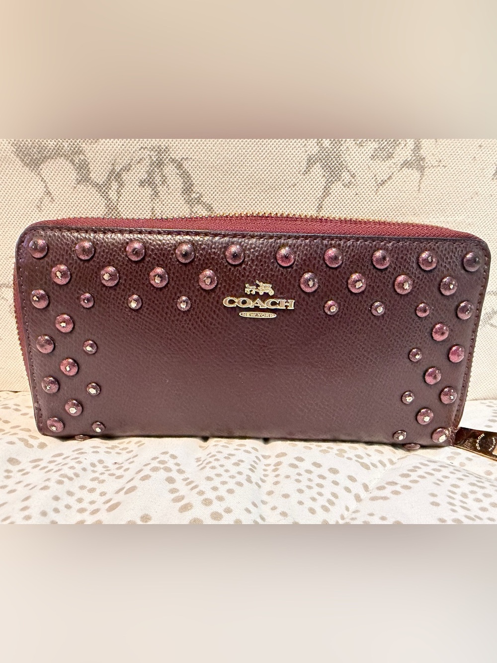 Coach Studded Leather Zip Wallet - Burgundy with Gold Logo